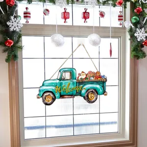 Targa sospesa in legno camion di Natale, pick-up turchese vintage con decoro festivo.