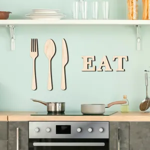 Décoration murale de cuisine en ustensiles bois 3D avec lettres EAT, bois de tilleul.