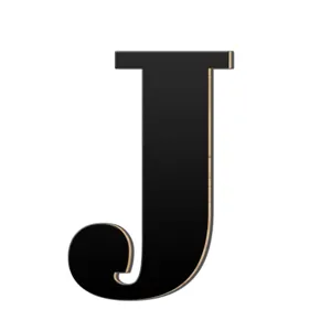 Houten 3D letter J wanddecoratie, zwarte afwerking, moderne muursticker voor huisdecoratie.