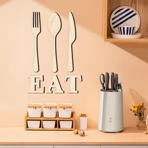 3D Bois Couverts Cuisine Decoration Murale Cuillere Fourchette Lettre EAT Tilleul Art