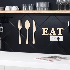 Stickers muraux 3D en bois pour cuisine, couverts et lettres EAT, décoration en tilleul.