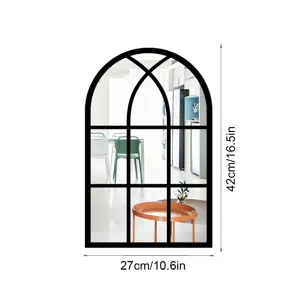 Decorative arched window mirror wall sticker, wooden and acrylic material for room decor.