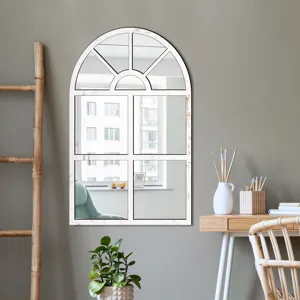 Rustic arch window mirror wall sticker showing home decor scene setting for living room study.