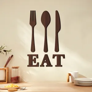 Décoration murale en bois couverts 3D fourchette cuillère couteau et signe EAT cuisine.