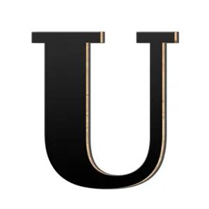 Houten en acryl 3d letter U detailweergave, met weergave van de fijne randlagen.