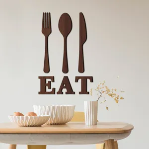 Ensemble de déco murale en bois 3D couverts fourchette cuillère couteau lettres EAT.