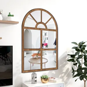 Acrylic arched window mirror wall sticker, wood frame decorative wall mirror for room decor.