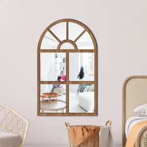 Detailed view of wooden acrylic arched window mirror wall sticker for bedroom living room