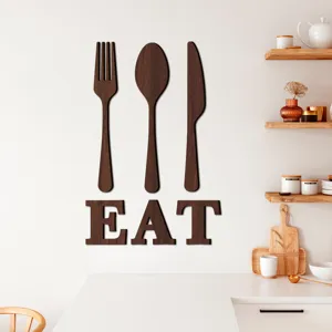Art mural en bois fourchette cuillère couteau et lettres EAT pour la décoration de cuisine