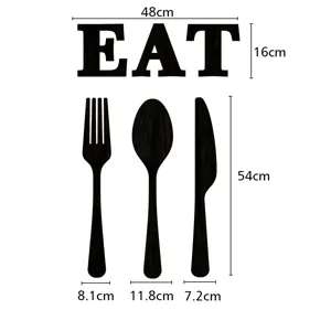 Lettres EAT en bois et couverts décoration murale cuisine vue détaillée des dimensions.