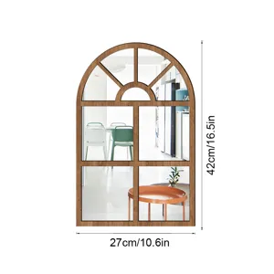 Arched wooden window wall mirror sticker detail, featuring clear size markings and modern style.
