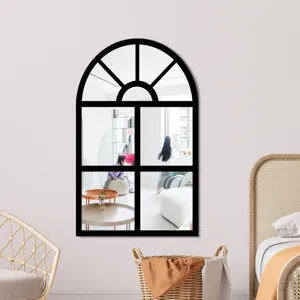 Arched window mirror wall sticker, decorative acrylic mirror for living room and bedroom decor.