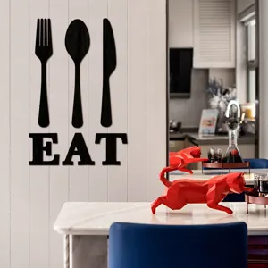 Couverts en bois 3D et autocollant mural EAT, decor moderne de cuisine en bois suspendu.
