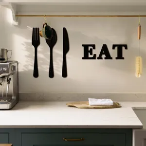 Art Mural en Bois 3D Couverts Cuisine Decor Fourchette Cuillere EAT Panneau Decoration