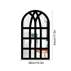 Detail view of the arched window mirror wall sticker, featuring black grid frame and size specs.