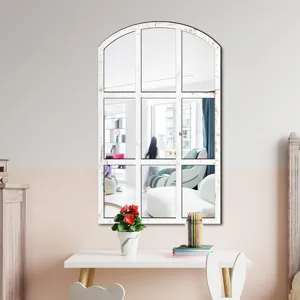 Arched window mirror wall sticker, decorative faux wood frame home decor for living room bedroom.