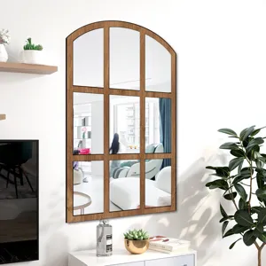 Arch wood mirror wall sticker detail view showing grid frame design for home decor room.