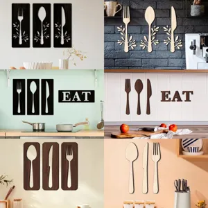 Art Mural en Bois de Couverts Décoration Cuisine Panneau Suspendu 3D Couverts Fourchette Cuillère Couteau Décoration Murale pour Salle à Manger
