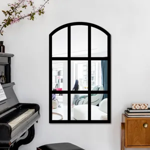 Decorative arched window mirror wall sticker with black wooden frame for living room.