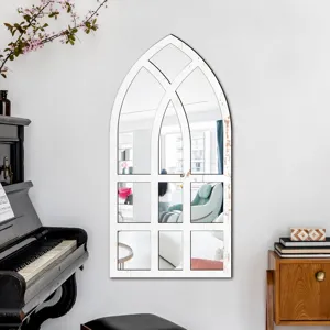 Gothic arch window mirror wall sticker, distressed white wooden acrylic home decor for room.