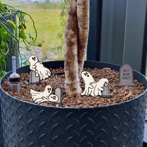 Funny wooden ghost plant stakes decorative markers for miniature potted plants and garden decor.