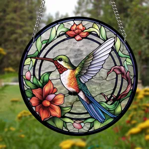 Stained glass hummingbird sun catcher hanging window decor with floral pattern and metal chain