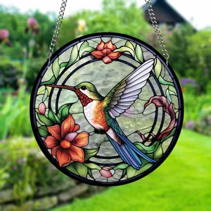 Acrylic stained glass hummingbird suncatcher window hanging decor for home garden.