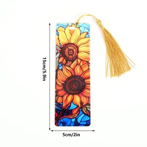 Acrylic sunflower bookmark with golden tassel, colorful stained glass reading page marker.
