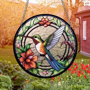Acrylic stained glass hummingbird suncatcher pendant, vibrant floral window hanging decor.
