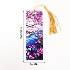 Stained glass cherry blossom acrylic bookmark with gold tassel, clear refraction, 15cm