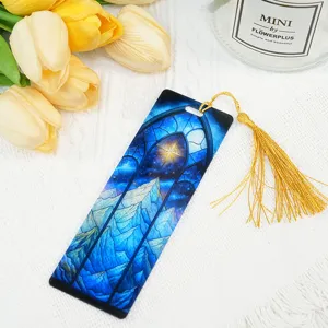 Blue stained glass mountain acrylic bookmark with gold tassel, beautiful student stationery gift.