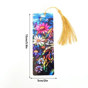 Acrylic stained glass flower bookmark with gold tassel, detailed closeup of book marker