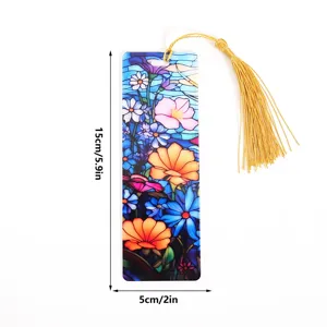 Beautiful colorful stained glass floral acrylic bookmark with elegant gold tassel, 15x5cm.