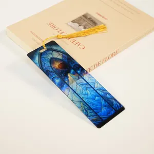 Elegant blue stained glass acrylic bookmark with golden tassel for book readers and students.