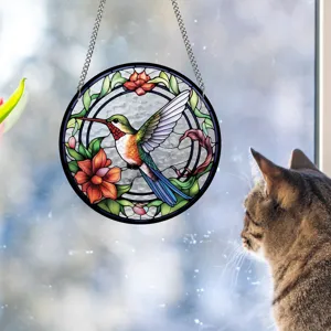 Stained glass hummingbird suncatcher hanging decor detail window display acrylic ornament.