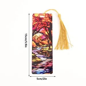 Acrylic stained glass autumn landscape bookmark with gold tassel detail and size display.