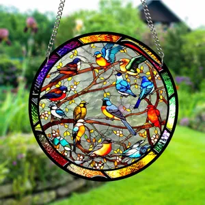 Acrylic stained glass suncatcher featuring colorful birds, perfect for home window decor.