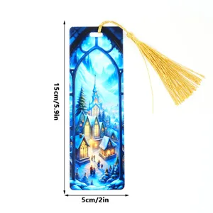 Acrylic winter snow scene bookmark detail view with elegant gold tassel and light transmission.