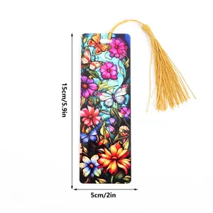 Translucent acrylic bookmark with colorful butterfly flower stained glass design gold tassel