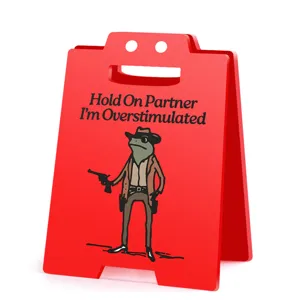 Funny acrylic desk sign with cowboy frog graphic and humorous quote for office prank decor.