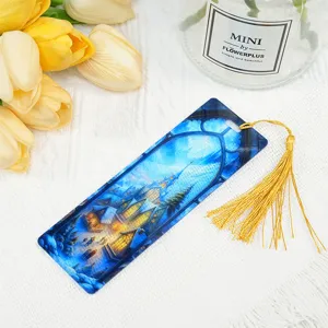 Blue acrylic fantasy landscape bookmark with gold tassel, student stationery gift and craft detail.