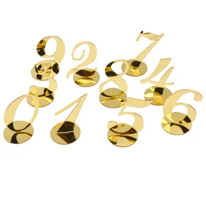 Gold mirror acrylic table numbers 0-9 with bases for wedding restaurant party decor.