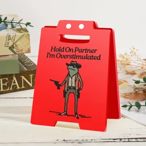 Funny office desktop acrylic sign, red A-frame mini stand with humorous cowboy frog graphic.