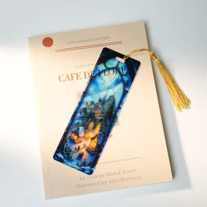 Transparent acrylic bookmark with gold tassel, beautiful winter castle night illustration.