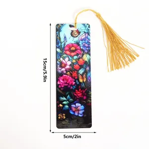 Stained glass floral acrylic bookmark with gold tassel, beautiful translucent design 15x5cm.
