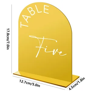 Gold acrylic arch table number sign with base for wedding party decor detail view