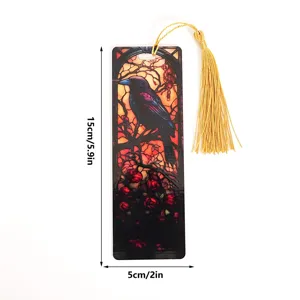 Stained glass style crow bookmark detail, acrylic material with elegant golden tassel.