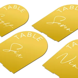 Gold acrylic arched wedding table number cards custom printed seating signs decor table top
