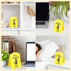 Funny acrylic desk sign decor, miniature yellow warning sign with meme design for office.