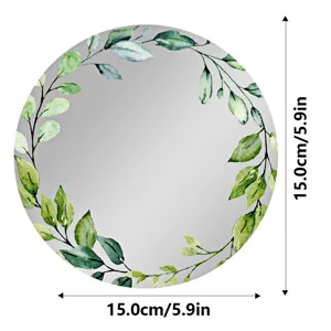 Vista detallada de un espejo circular acrílico para taquillas con diseño de hojas verdes.